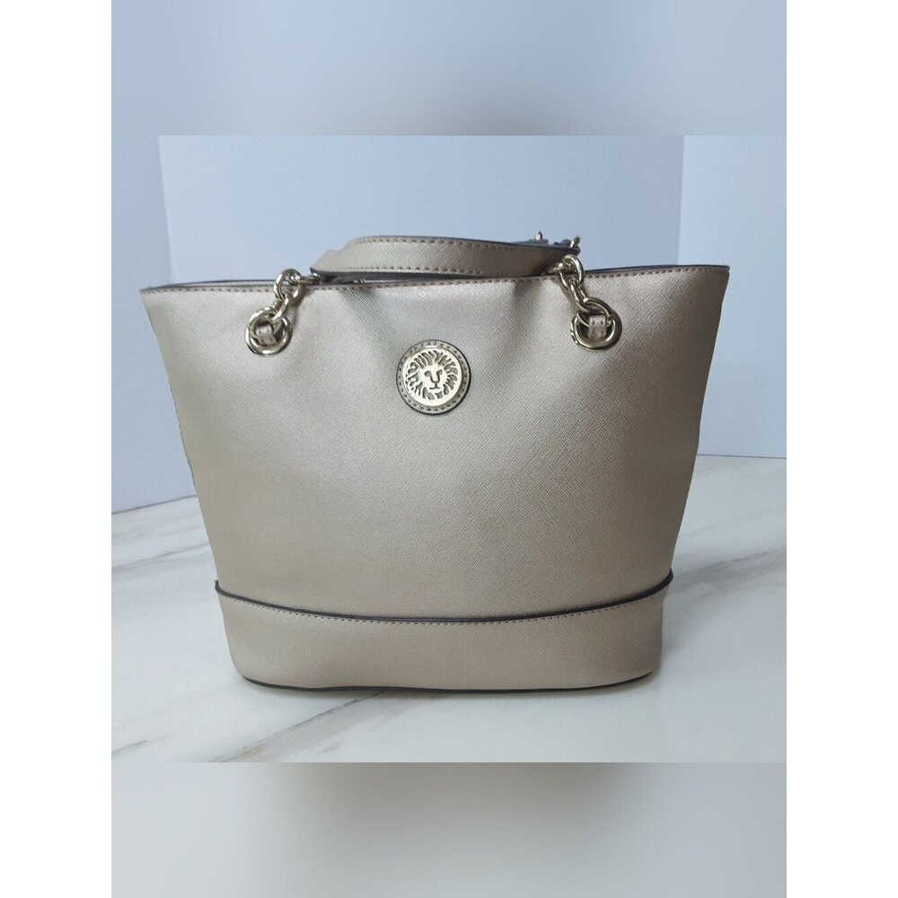 ANN KLEIN Champagne Saffiano Leather Double Chain Link Strap Tote Handbag